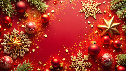 Vibrant red Christmas background with glittering snowflakes and festive decorations, red, Christmas, background