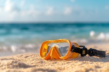 Colorful snorkeling mask resting on sandy beach with calm ocean waves in the background during a sunny day