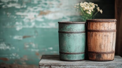 Two rustic barrels, one teal and the other a natural wood finish, standing side by side on a wooden surface against a weathered teal wood wall, exuding a serene and nostalgic atmosphere.