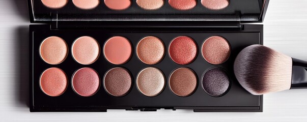 eyeshadow palette with scattered pigments and a brush, creative makeup still life, soft lighting, lu