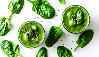 Wall Mural - Vibrant green smoothie surrounded by fresh spinach on a clean white background