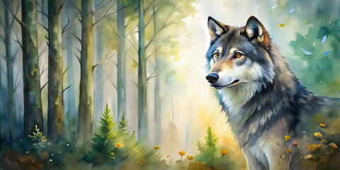 Watercolor painting of a wolf in a forest , wildlife, watercolor, painting, wolf, forest, nature, isolated background, artwork