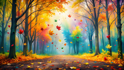 Vibrant autumn forest with ink splashes and colorful leaves , vibrant, autumn, forest, ink, splashes, colorful, leaves, nature