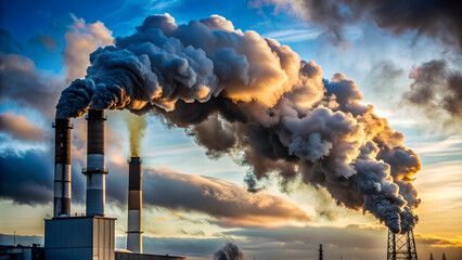 Polluting factory emitting black smoke from chimney, toxic waste, pollution, industry, environment, air pollution