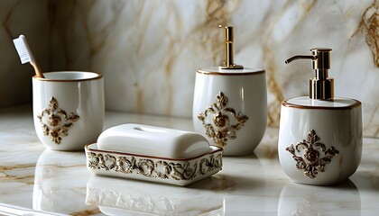 Wall Mural - Elegant bathroom elegance with ceramic accessories, stylish soap dish, matching cup, marble countertop, and soothing pastel tones