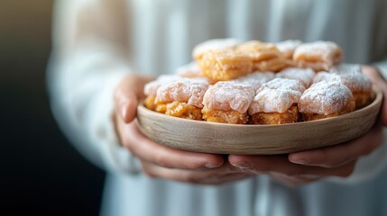 A close-up image of a person offering a bowl filled with delicious, sugar-dusted pastries, emphasizing the warmth and appeal of homemade baked goods.