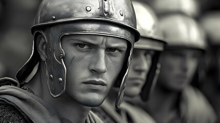 Roman soldiers. Close-up face.