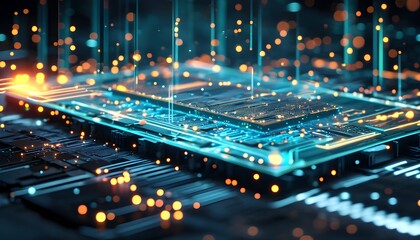 Poster - Illuminated abstract network of microchips and circuits showcasing advanced technology and interconnected digital systems