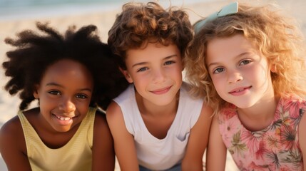 Three smiling children sitting closely together on a sunny beach, capturing the innocence and joy of friendship by the sea.