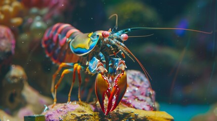 Wall Mural - Vivid Crustacean Closeup   Colorful Shrimp or Lobster in Underwater Environment