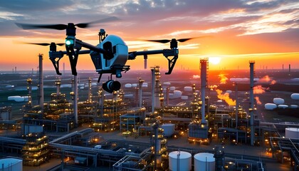 Wall Mural - Advanced aerial inspection technology showcasing drone surveillance over a refinery during a captivating sunset