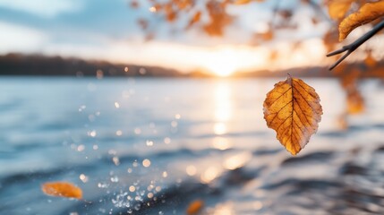 An autumn leaf hovers in mid-air by the lake's edge at sunset, capturing the essence of the seasonal transition and the serene beauty of the waterside at dusk.