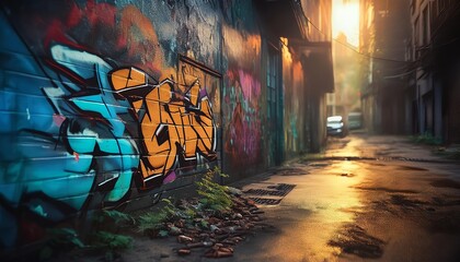 Wall Mural - A vibrant alleyway adorned with colorful graffiti, illuminated by warm sunlight, creating a contrasting urban atmosphere.