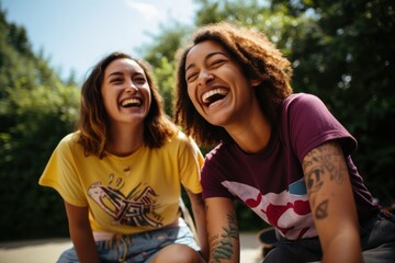 Wall Mural - A group of diverse women in their 20s, laughing and having fun while riding skateboards in an urban park,