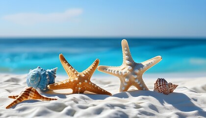 Wall Mural - Tranquil white sand beach adorned with starfish and conch shells, set against a serene blue sea backdrop