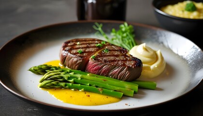 Wall Mural - Gourmet seared beef steak topped with garlic butter, served alongside creamy polenta and vibrant fresh asparagus for a sophisticated dining experience