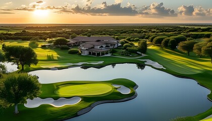 Wall Mural - Serene golf course featuring a welcoming clubhouse, golf carts, tranquil pond, and vibrant greenery beneath an azure sky