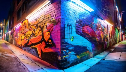 Wall Mural - A vibrant alleyway featuring colorful graffiti illuminated by neon lights at night, enhancing the urban atmosphere.