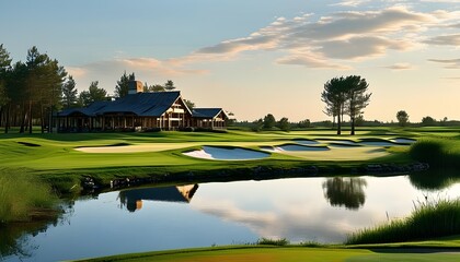 Wall Mural - Serene golf course featuring a welcoming clubhouse, golf carts, tranquil pond, and vibrant greenery beneath an azure sky