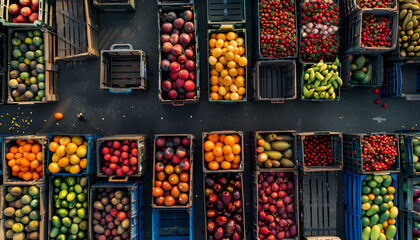 Aerial view of crates filled with various fruits and vegetables, symbolizing organized logistics and distribution in the fresh produce industry