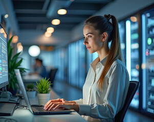 a female programmer specialist is typing on a laptop in a data center office