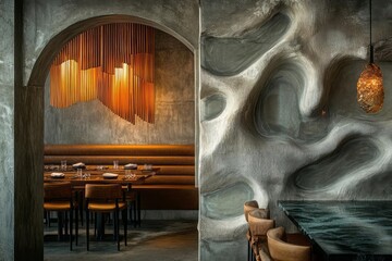 Wall Mural - Contemporary restaurant interior, rough textures, reeded glass, tactile surfaces, unique dining atmosphere