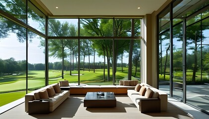 Wall Mural - Contemporary lounge with expansive windows showcasing vibrant views of a verdant golf course and garden