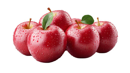 Five Red Apples with Water Drops and Green Leaves on a White Background, Transparent Background, Isolated Background, PNG