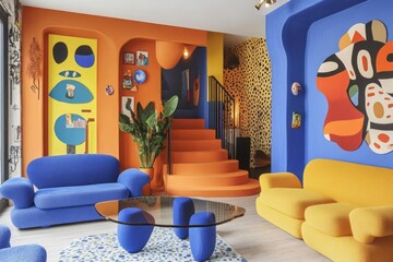 Wall Mural - Trendy interior design, flat and volumetric furniture, naive art accents, simple hand-drawn patterns, shapes