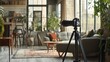 © pentolo - A camera on a tripod sits in the foreground of a modern living room with large windows.