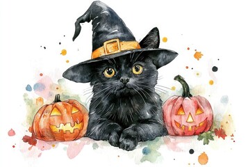 A whimsical black cat in a witch's hat sits between two carved pumpkins, surrounded by colorful splashes, capturing a festive Halloween spirit.