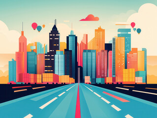 Poster - Cityscape with Road and Hot Air Balloons.