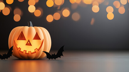 A glowing jack-o'-lantern with a mischievous grin sits on a dark background with bats and warm bokeh lights.