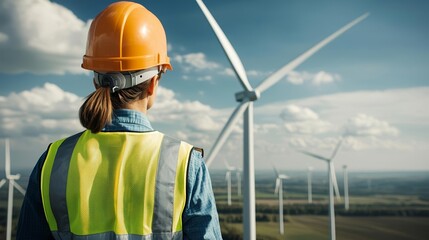 Wind energy engineer overlooking a wind farm, reflective vest and hard hat, dramatic sky, renewable energy infrastructure, professional documentary shot