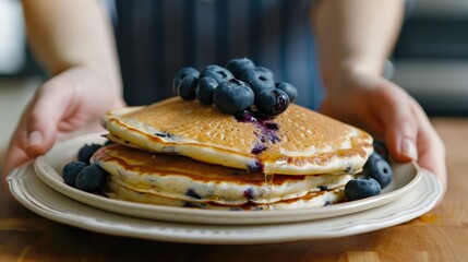 Hand holding a plate of blueberry pancake