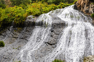 view of Jermuk Waterfall on rainy summer day