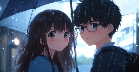 Cute Anime Couple Sharing an Umbrella 