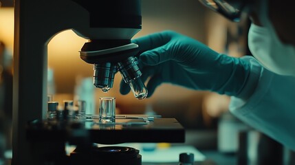 A scientist examines samples under a microscope, showcasing a focused laboratory environment with advanced equipment.