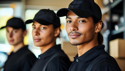 Professional delivery man in black cap and uniform ready for service