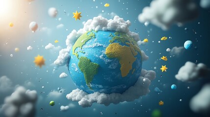 Illustration of Earth surrounded by clouds, stars, and planets in space, symbolizing environmental conservation and global unity.