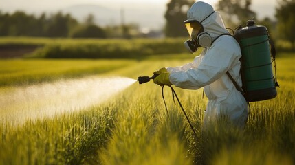 Pesticide spraying in a crop field by a worker in protective gear, symbolizing agricultural pest control.