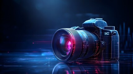 A stunning digital camera illuminated with vibrant lights, showcasing modern photography technology against a dark background.