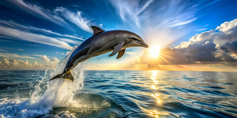 Wall Mural - dolphin jumping into water.A dolphin gracefully leaps out of the water, breaking through a transparent glass pane suspended in the ocean. The sunlight shines through the glass, refracting and creating