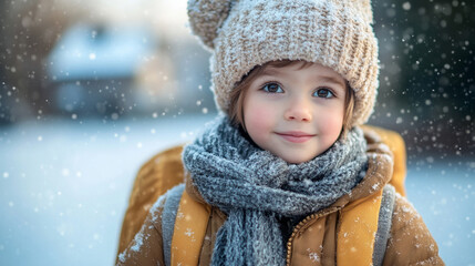 Wall Mural - A 7-year-old child walking to school for the first time in winter, wearing a warm coat, hat, and scarf, the child's breath visible in the cold air, holding a new backpack tightly,