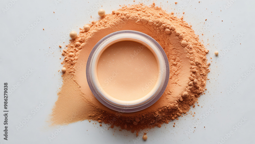 Loose light powder in a jar stands on a powder swatch. Brightening ...