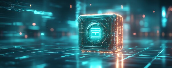 Futuristic digital technology concept with a glowing cube and virtual data interface in a high-tech environment