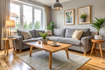 Interior of light living room with cozy grey sofa and wooden coffee table