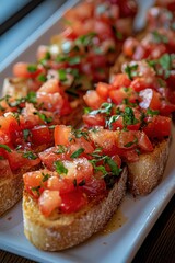 Bruschetta: Grilled bread topped with tomatoes, garlic, and olive oil.