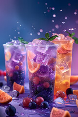 Tonic, refreshing drinks with grapefruit, grapes in glasses with ice cubes with the addition of alcohol and different colored syrups.