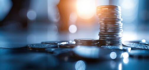 Fototapete - Close-up view of stacked coins on a reflective surface, symbolizing wealth and financial growth in a modern setting.